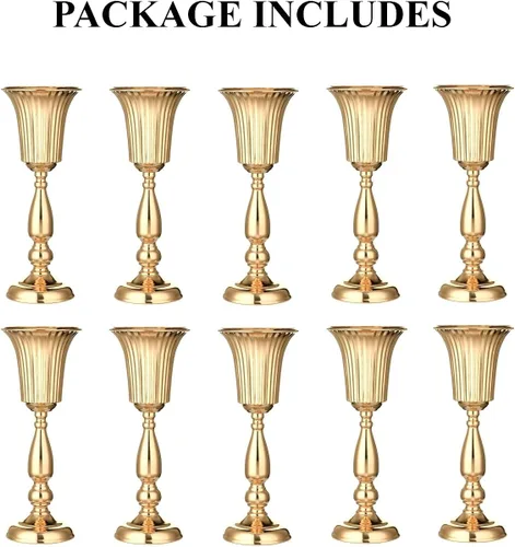 Vista 7 de 10 piezas de jarrón dorado para centro de mesa, soporte de metal para flores, decoraciones de boda para recepción, jarrón de trompeta de 15.6