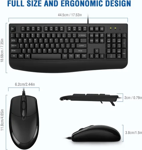 Vista 6 de EDJO - Combo de teclado y mouse con cable, teclado ergonómico de tamaño completo para computadora con reposamanos y mouse óptico con cable
