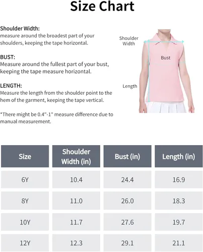 Vista 7 de EXARUS Camisetas polo de golf para niñas, sin mangas, cuello en V, tenis, atléticas, para ejercicio escolar de 5 a 12 años