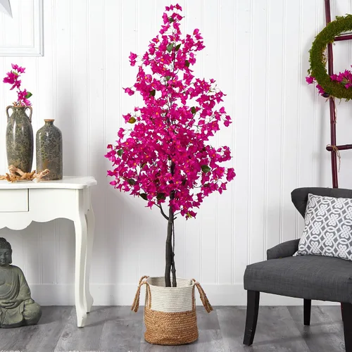 Vista 3 de Nearly Natural Árbol de buganvilla artificial rosa de 6 pies con cesta de yute y algodón hecha a mano
