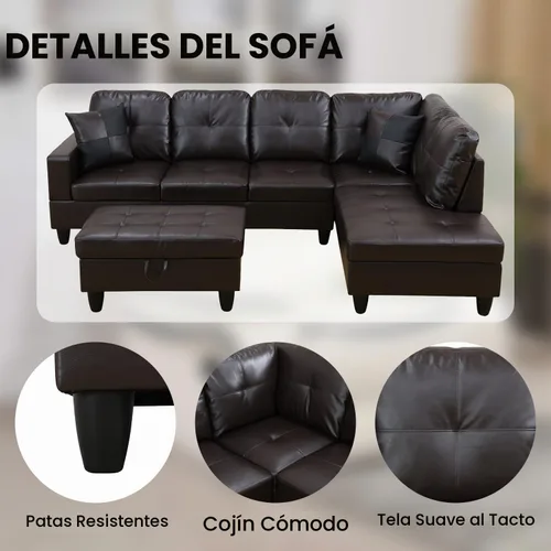 Vista 5 de Sofá modular para sala de estar, sofá seccional de cuero marrón en forma de L con diván y otomano de almacenamiento para sala de estar B- marrón