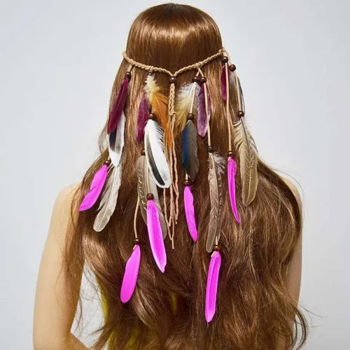 Vista 5 de CAKURE Diademas bohemias de plumas indias de pavo real, diadema gitana, ajustable, tocado hecho a mano, accesorios para el cabello (juego 7)
