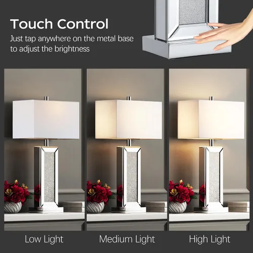 Vista 2 de Juego de 2 lámparas de mesa modernas con control táctil, lámpara de mesita de noche con espejo de diamante de cristal de plata con puertos USB C+A