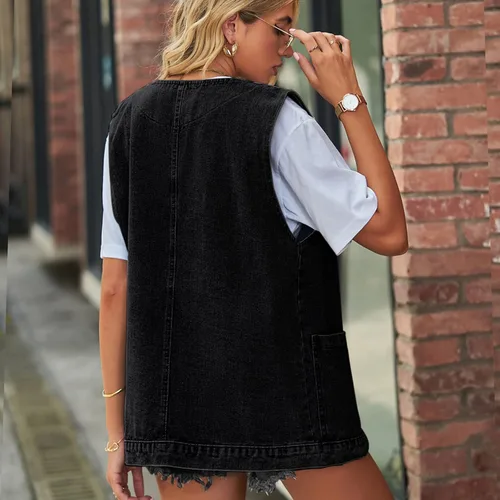 Vista 6 de Versión coreana chaleco de mezclilla para mujer Chaleco de mezclilla lavado con cuello en V para mujer Chaleco de mezclilla sin mangas para mujer
