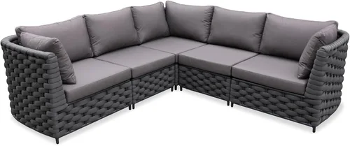 Vista 44 de Juego de muebles de cubierta: 3 piezas de sofá de conversación de patio de cuerda tejida de aluminio para 2, cómodos cojines para sofá y mesa