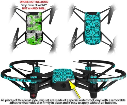 Vista 2 de Paquete de 2 calcomanías de piel para DJI Ryze Tello Drone Checker Skull Splatter Green Drone no incluido