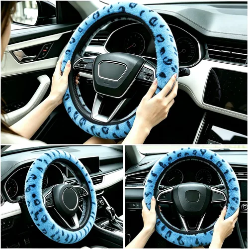 Vista 7 de Funda de volante de leopardo con llavero, protector de volante de piel elástica y mullida, guepardo, accesorios de automóvil para mujeres y niñas
