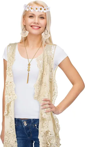 Vista 6 de WILLBOND Conjunto de 4 piezas de disfraz hippie bohemio para mujer, cárdigan de punto abierto, chaleco de ganchillo