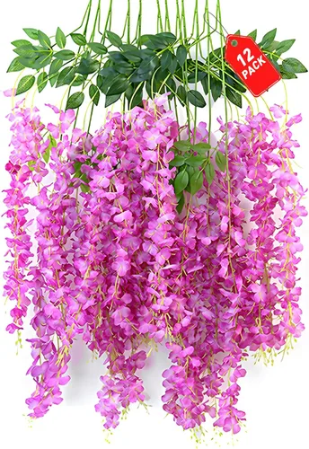 Vista 33 de Paquete de 12 flores colgantes de glicina rosa, flores colgantes falsas de 3.44 pies, guirnalda de glicina artificial para decoración de boda, telón