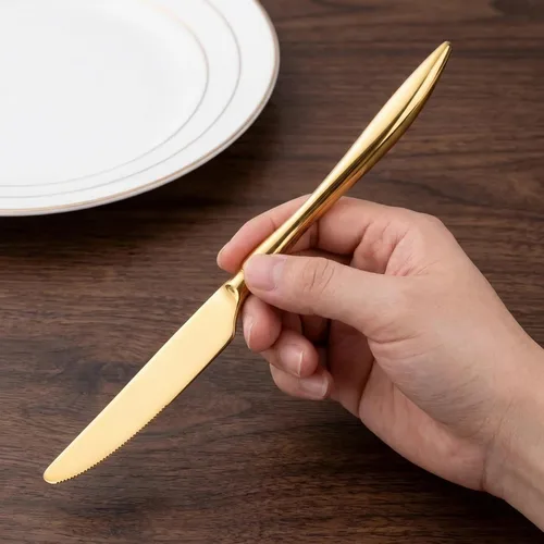 Vista 6 de Juego de cubiertos dorados de 16 piezas de acero inoxidable para 4, mango curvado único, elegante, ergonómico, cómodo, pulido de espejo, apto