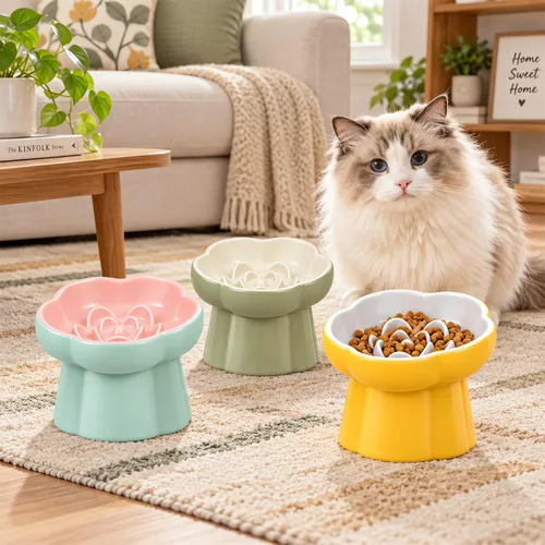 Vista 7 de Raised Slow Feeder Cat Bowl,Ceramic Elevated and Titled Cat Bowl Blue/Pink
