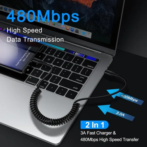 Vista 4 de Cable USB C para Android Auto de carga rápida, 3 pies + 6 pies, retráctil en espiral tipo C a C, cable de carga de teléfono para Samsung Galaxy A17