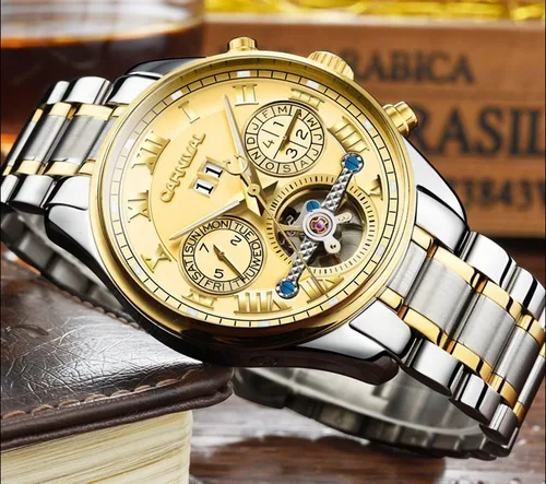 Vista 3 de Tourbillon automático para hombre multifunción zafiro oro acero inoxidable impermeable esfera azul reloj