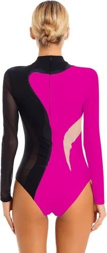 Vista 62 de iiniim Leotardo de malla para mujer, con diamantes de imitación, de malla, de manga larga, leotardos de gimnasia