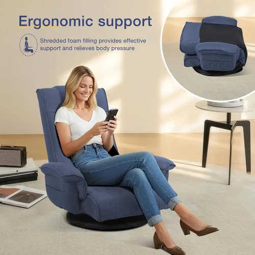 Vista 5 de Linen Fabric Ergonomic Gaming Chair, 6-Position Reclining Sofa Bed with Lumbar Support, Foldable Floor Lounger with Thick Cushion, Armrests & Side