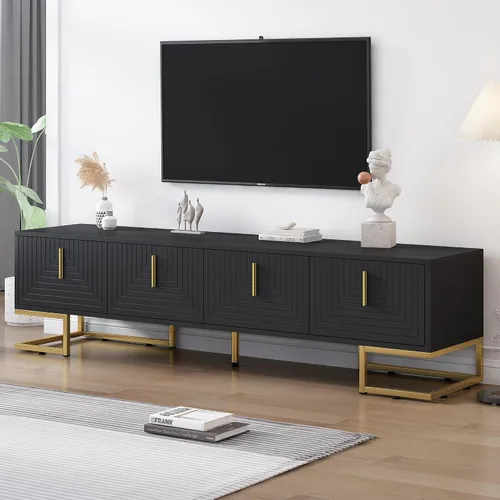 Vista 18 de Merax Minimalist 103" Entertainment Wall Unit Set with Overhead Bridge for TVs Up to 75", Modern Large Media Console with Adjustable Shelves, Ample