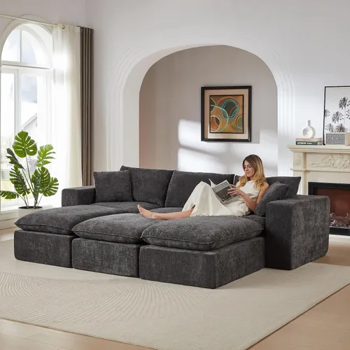 Vista 10 de Cloud - Sofá modular modular - Cómodo sofá de felpilla en forma de L para sala de estar (negro, en forma de L, 2 plazas + 1 otomana)
