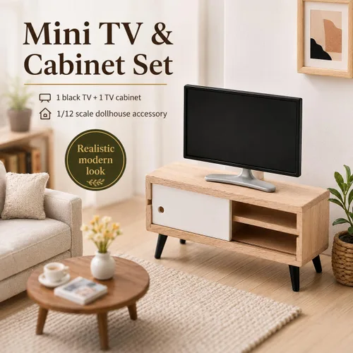 Vista 9 de NUOBESTY Mueble de TV y madera para casa de muñecas, monitor de juguete realista a escala 1/12, soporte de TV en miniatura moderno para casa