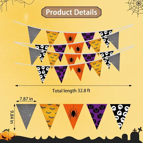 Vista 2 de Lucleag Pancartas de Halloween de 32.8 pies, bandera triangular, banderines de tela de Halloween para decoración de fiesta de Halloween