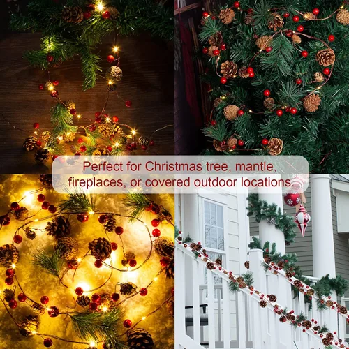 Vista 4 de Guirnalda de Navidad artificial con luces, funciona con pilas, guirnalda preiluminada de 6.56 pies con 20 luces LED, bayas rojas, piñas de pino