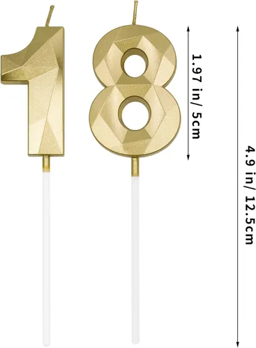 Vista 2 de Velas de cumpleaños número 18 y 81 para pastel, velas doradas con forma de diamante 3D con forma de diamante, decoraciones de cumpleaños