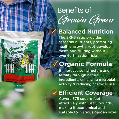 Vista 2 de Medina Growin Green Fertilizante granular orgánico – Bolsa de 5 libras – Potenciador de suelo rico en nutrientes 3-2-3 gránulos para jardines