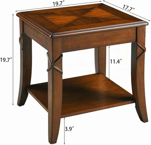 Vista 2 de Mesa auxiliar de madera maciza con estante de almacenamiento, mesa auxiliar rectangular vintage para sofá con mesa de empalme y patas talladas, mesa