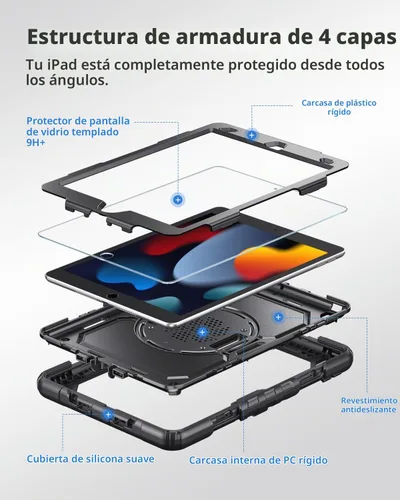 Vista 2 de Ambison - Funda protectora para iPad de 9ª/8ª/7ª generación de 10,2 pulgadas, color negro Hand Strap, 9H Tempered Glass Screen Protector, Rotating