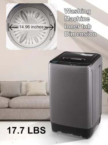 Vista 8 de Krib Bling Lavadora completamente automática de 17.7 libras con pantalla LED, lavadora de lavandería compacta portátil con bomba de drenaje, 10 Gris
