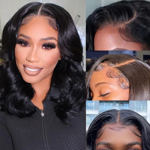 Vista 13 de Peluca Bob de Cabello Humano 4x4 Pelucas de Encaje Frontal sin Pegamento Cabello Humano Pre Arrancado Bob Corto Body Wave Pelucas de Cierre