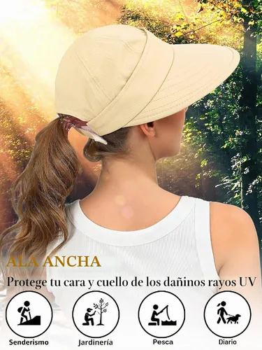 Vista 5 de Sombreros de sol para mujer, visera ancha con protección UV, doble propósito, para playa, verano, gorra plegable Beige