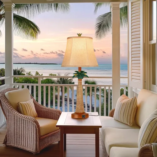 Vista 7 de Hamucd Juego de 2 lámparas de mesa con palmera costera con 2 puertos USB para sala de estar, playa, lámparas náuticas para mesita de noche