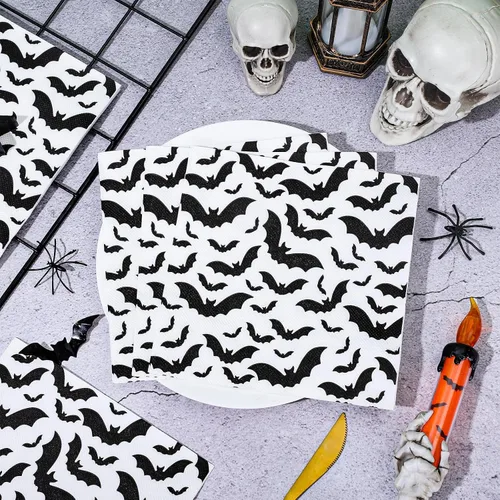 Vista 3 de AnyDesign Paquete de 80 servilletas de papel de Halloween de 6.5 x 6.5 pulgadas, servilletas de papel desechables de murciélago negro, servilletas