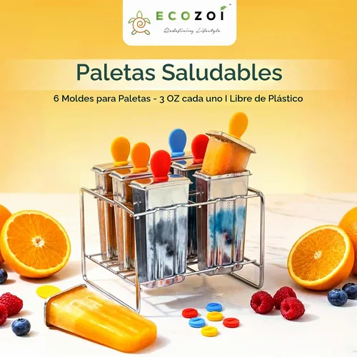 Vista 2 de Ecozoi Moldes de paletas de acero inoxidable – Juego de paletas de metal reutilizables con 6 moldes, 6 varillas, 12 sellos de silicona y cepillo