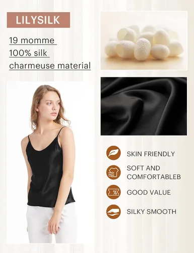 Vista 5 de LilySilk Camisola de Seda para Mujer 100% Seda de Mora de 19MM Básica Playeras Sin Mangas de Verano Top Clásico Holgado Negro