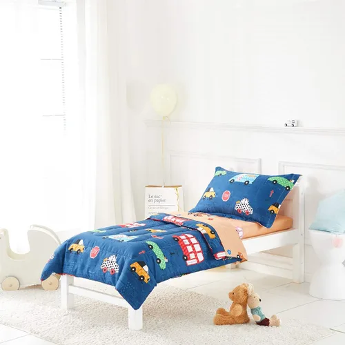 Vista 2 de Juego de ropa de cama para niños pequeños, color azul marino con autos coloridos, incluye 1 edredón para niños, sábana encimera, sábana bajera