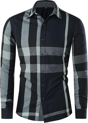 Vista 11 de Camisas Fredd Marshall para hombre, manga larga, ajustadas, 100% algodón a cuadros Negro