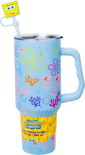 Vista 27 de Silver Buffalo Adventure Time With BMO - Vaso de acero inoxidable de doble pared con asa y pajilla, cabe en portavasos estándar, 40 onzas