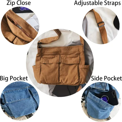Vista 4 de KlaOYer Bolso bandolera de lona grande tipo hobo para la escuela, bolso bandolera con bolsillo para mujeres y hombres