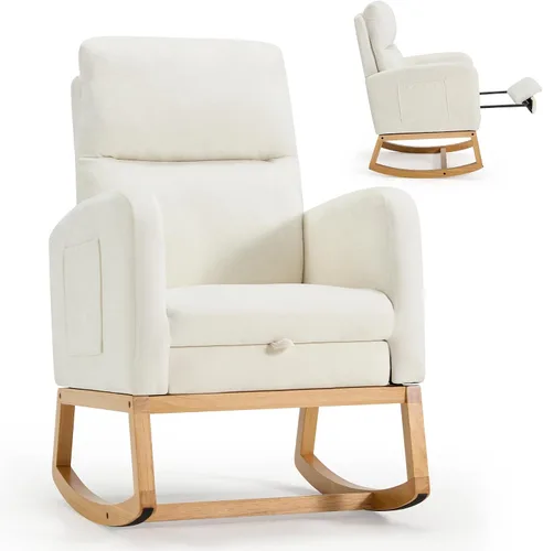 Vista 10 de AVAWING Silla mecedora tapizada con asiento acolchado de tela, cómoda balancín de madera maciza para sala de estar, silla moderna de respaldo alto