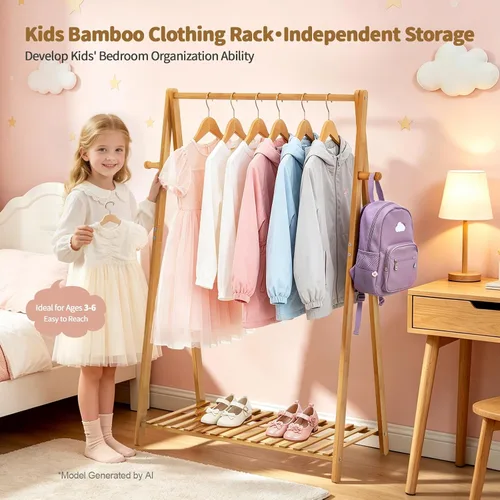 Vista 3 de Percheros Pequeños para Colgar Ropa, Percheros de Bambú para Prendas de Niños, Perchero Independiente para Vestidos y Trajes para Dormitorio, Sala