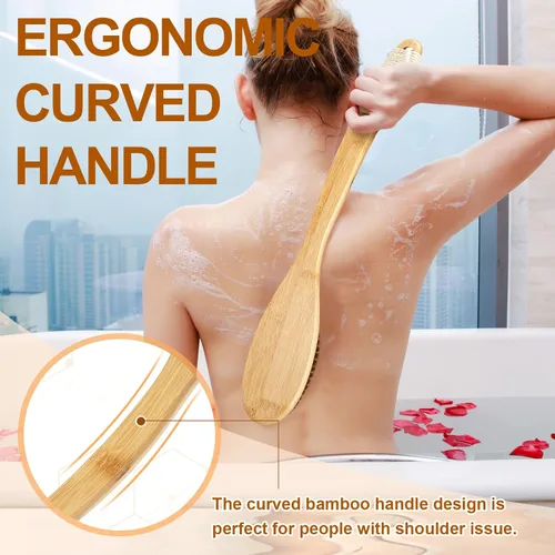 Vista 4 de eaxun Cepillo de ducha de bambú con mango largo curvado, exfoliante de espalda de 16.7 pulgadas con cerdas naturales para hombres y mujeres
