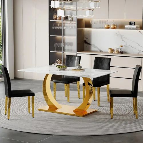 Vista 2 de Juego de mesa de comedor de mármol para 4, moderna mesa de oro blanco de 63 pulgadas con patas de marco de forma intercambiable y sillas de comedor