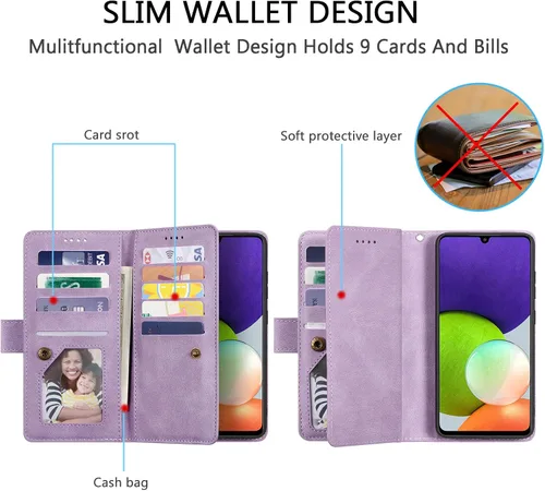 Vista 2 de UEEBAI Funda tipo cartera para Samsung Galaxy A53 5G, retro 9 ranuras para tarjetero, bolsillo con cremallera, cierre magnético, función atril