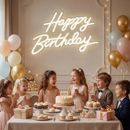 Vista 2 de Letrero de neón de feliz cumpleaños para decoración de pared, luz LED de neón regulable para decoración de pared, letreros LED de feliz cumpleaños