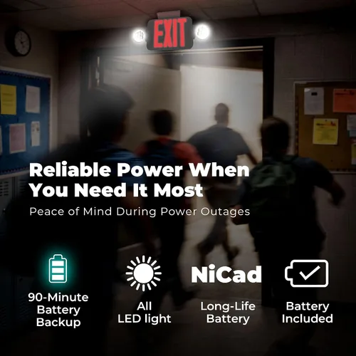 Vista 5 de LFI Lights® - Señal de salida roja combinada con luces de emergencia Carcasa blanca Todos los LED Dos cabezales redondos ajustables cableado