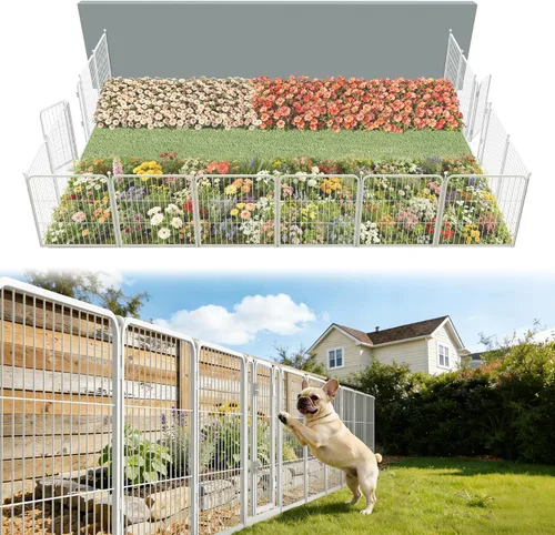Vista 32 de FXW Valla de jardín al aire libre para el patio, 17 pulgadas de alto x 29.3 pies de largo, barrera de metal resistente para animales, para perros