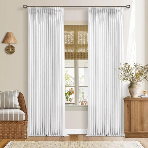 Vista 45 de TWODRAPES Cortinas de Lino Plisadas con Pinza Beige Blancas de 54 Pulgadas de Largo 2 Paneles para Comedor Cocina Dormitorio Plisadas Semi