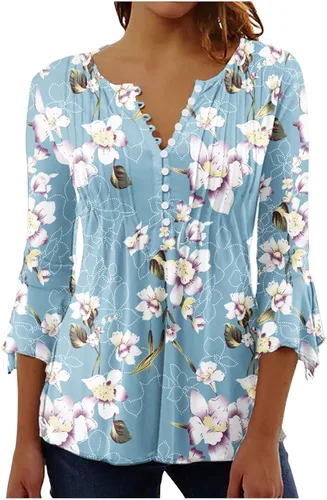 Vista 5 de Ceboyel Blusa tipo túnica con estampado floral para mujer, con botones, estilo Henley, con manga de codo, casual, trajes de moda para mujer