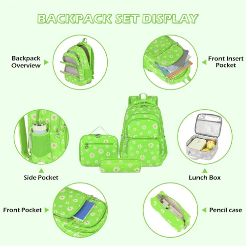 Vista 54 de goldwheat Mochilas impresas margaritas con paquete de almuerzo, estuche de lápices 3pcs, bolsa ligera resistente al agua para la escuela secundaria